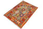 Flat Weave Kilim Antique Navaho Vintage handmade Geometric Kilim Rust Blue Hand-Woven Rectangle 100% Wool Area Rug 3x4